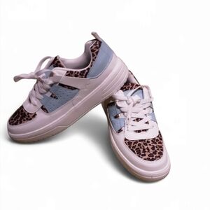 Trendy White and Blue Sneakers with Leopard Print